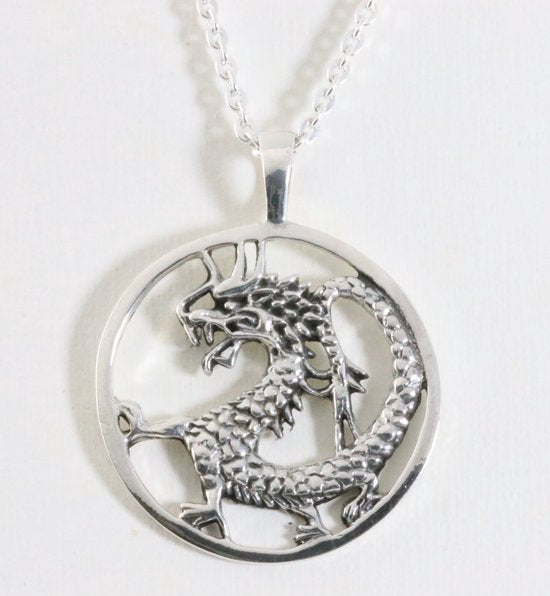 Grote zilveren draak hanger aan ketting afbeelding 1