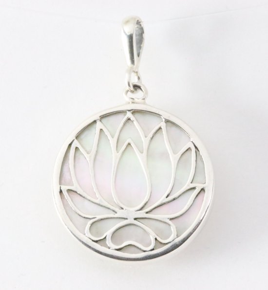 Ronde zilveren lotus bloem hanger met parelmoer afbeelding 1