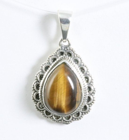 Bewerkte druppelvormige zilveren hanger met tijgeroog afbeelding 1