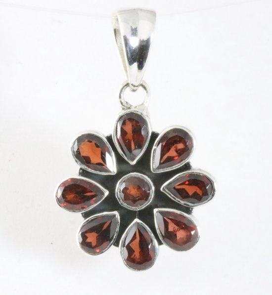 Bloemvormige zilveren hanger met granaat afbeelding 1