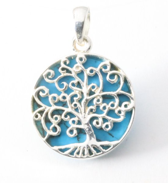 Fijne ronde zilveren hanger met levensboom op blauwe turkoois afbeelding 1