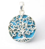 Fijne ronde zilveren hanger met levensboom op blauwe turkoois afbeelding 1