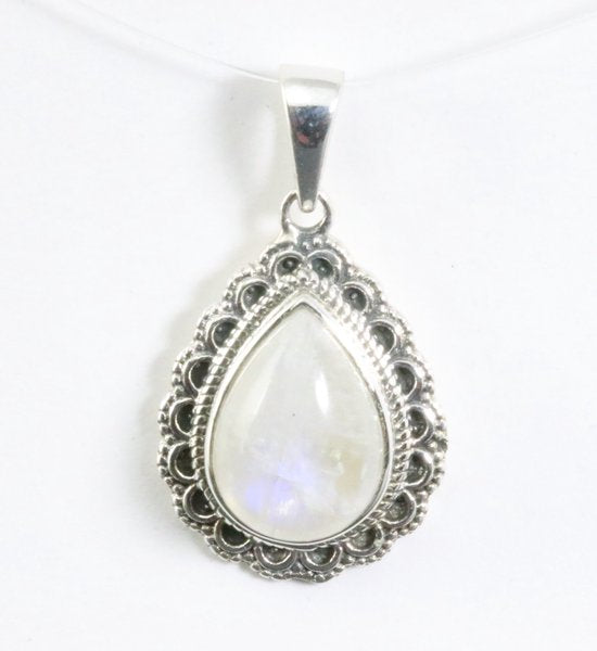 Bewerkte druppelvormige zilveren hanger met regenboog maansteen afbeelding 1