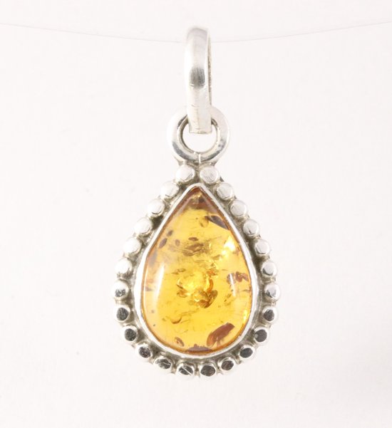 Fijne bewerkte druppelvormige zilveren hanger met amber afbeelding 1
