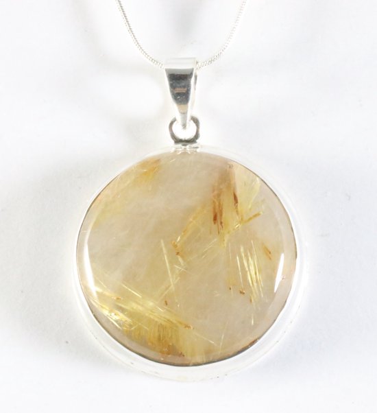 Ronde hoogglans zilveren hanger met gouden rutielkwarts aan ketting afbeelding 1