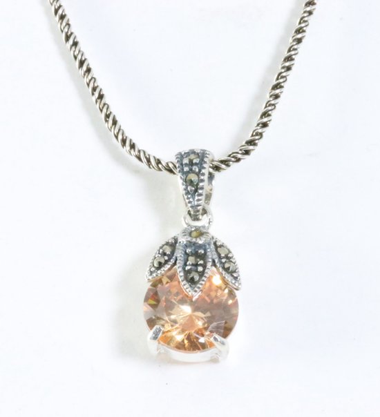 Fijne zilveren hanger met citrien en marcasiet aan ketting afbeelding 1