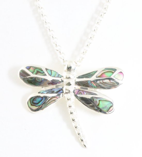 Zilveren libelle hanger met abalone schelp aan ketting afbeelding 5