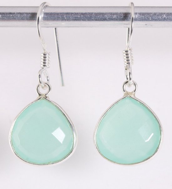 Fijne druppelvormige zilveren oorbellen met aqua chalcedoon afbeelding 1