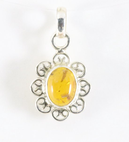 Fijne opengewerkte zilveren hanger met amber afbeelding 1