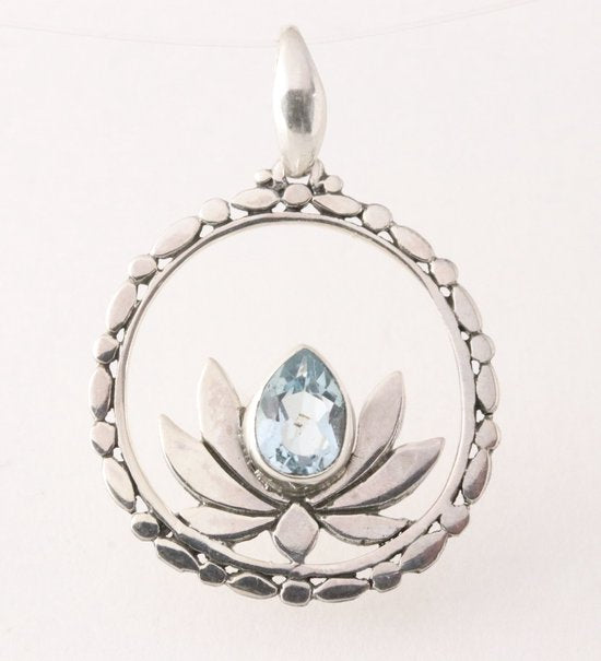 Ronde zilveren lotus bloem hanger met blauwe topaas afbeelding 1