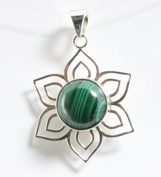 Opengewerkte bloemvormige zilveren hanger met malachiet afbeelding 1