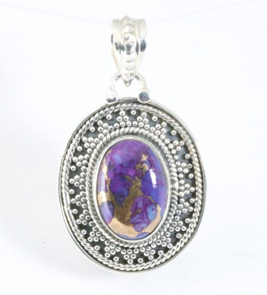Bewerkte ovale zilveren hanger met paarse koperturkoois afbeelding 1