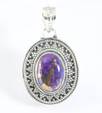 Bewerkte ovale zilveren hanger met paarse koperturkoois afbeelding 1