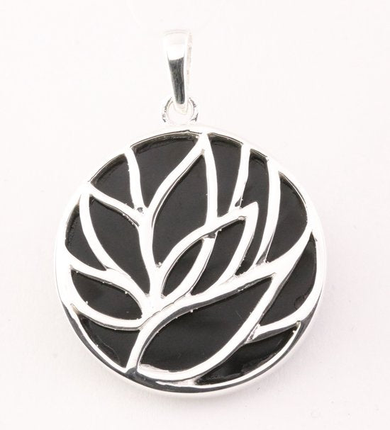 Ronde zilveren lotus hanger op onyx afbeelding 1