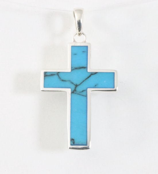 Fijne zilveren kruishanger met blauwe turkoois afbeelding 1