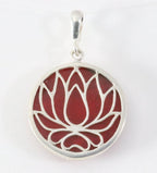 Ronde zilveren lotus bloem hanger met rode koraal steen afbeelding 1