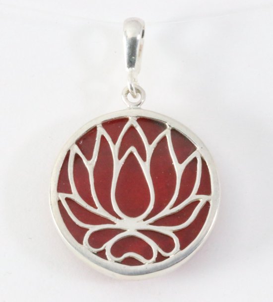 Ronde zilveren lotus bloem hanger met rode koraal steen afbeelding 1