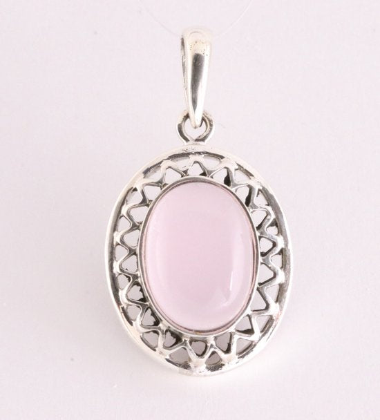 Opengewerkte ovale zilveren hanger met rozenkwarts afbeelding 1