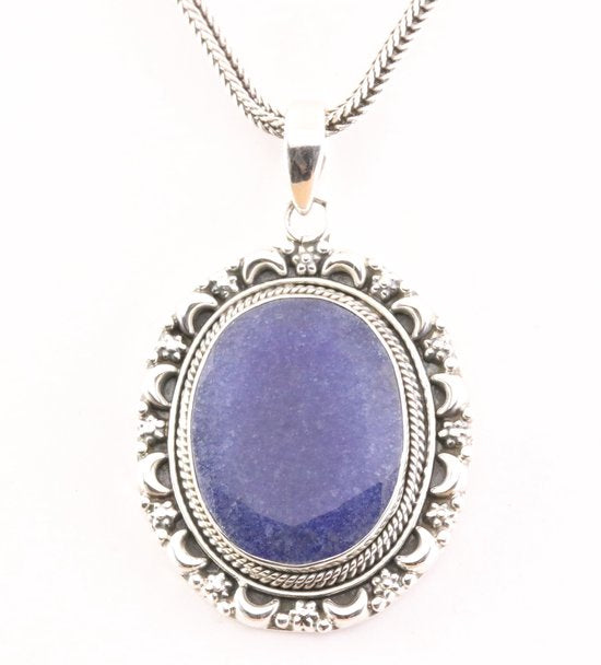 Bewerkte zilveren hanger blauwe saffier aan vossenstaart ketting afbeelding 1