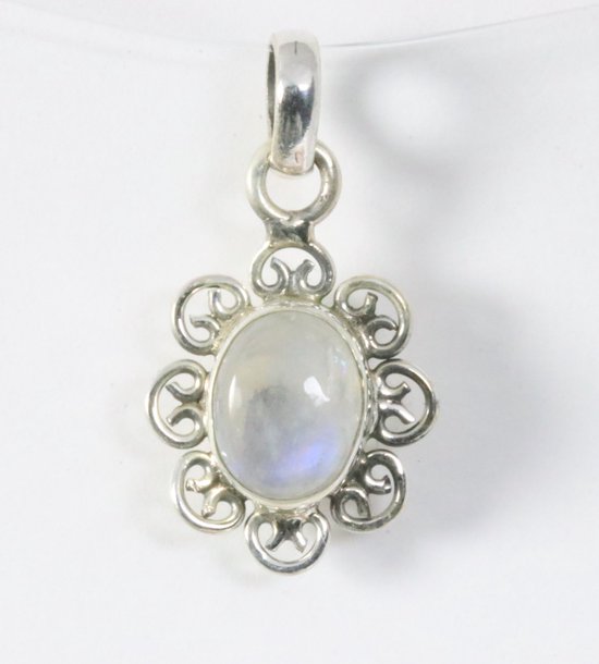 Fijne opengewerkte zilveren hanger met regenboog maansteen afbeelding 1