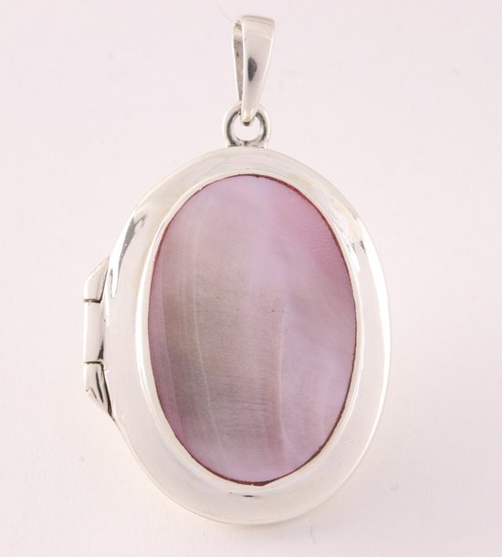 Ovaal hoogglans zilveren medaillon met roze parelmoer afbeelding 1