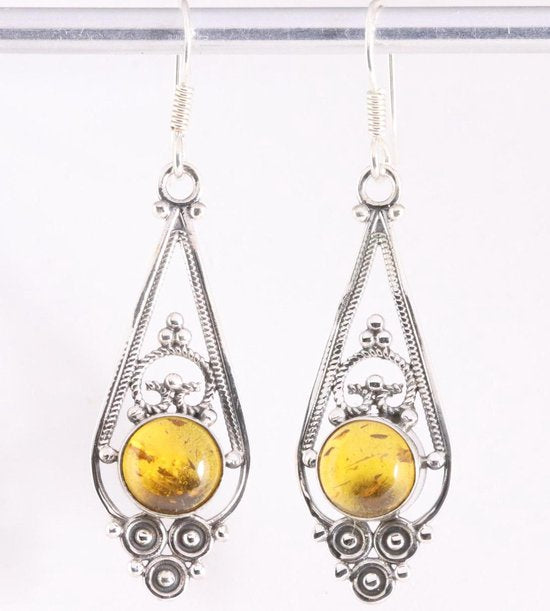 Lange opengewerkte zilveren oorbellen met amber afbeelding 1