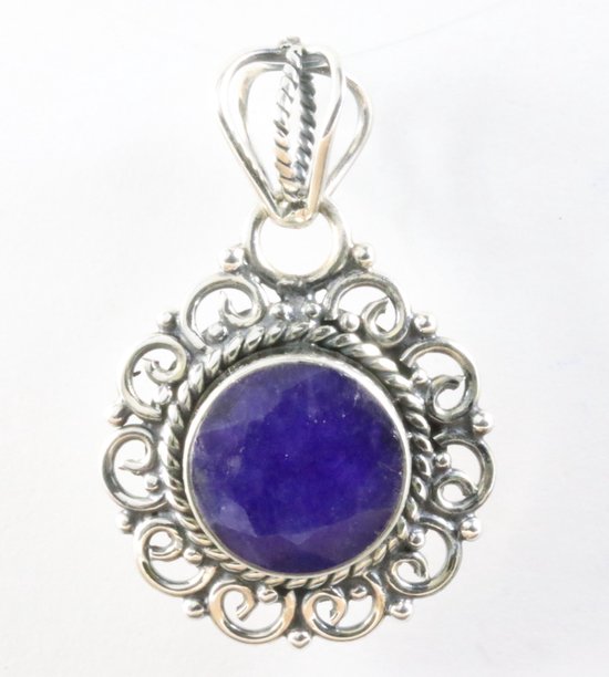 Ronde opengewerkte zilveren hanger met blauwe saffier afbeelding 1