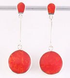 Lange ronde zilveren oorstekers met rode koraal steen afbeelding 1
