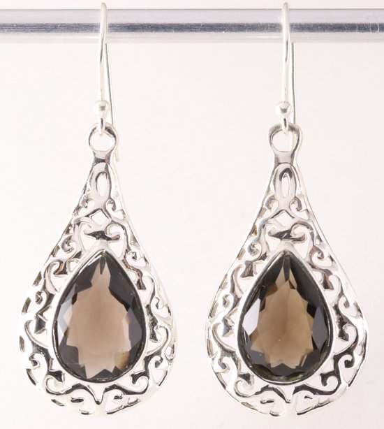 Opengewerkte zilveren oorbellen met rookkwarts afbeelding 1