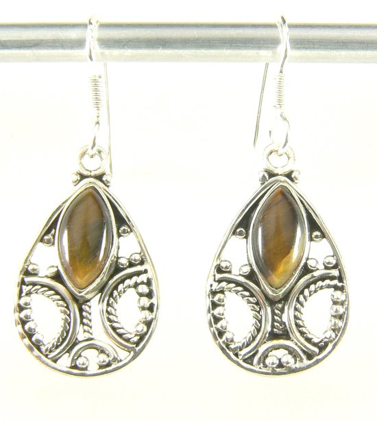 Opengewerkte zilveren oorbellen met tijgeroog afbeelding 1