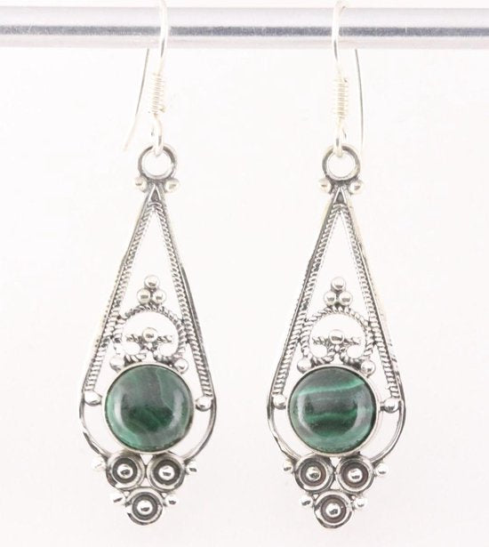 Lange opengewerkte zilveren oorbellen met malachiet afbeelding 1