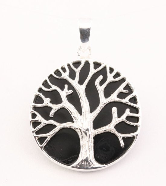 Ronde zilveren hanger met levensboom op onyx afbeelding 1