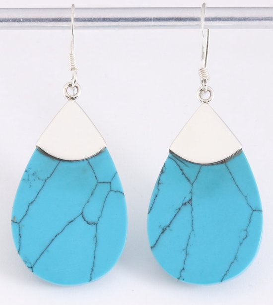 Grote druppelvormige zilveren oorbellen met blauwe turkoois afbeelding 1