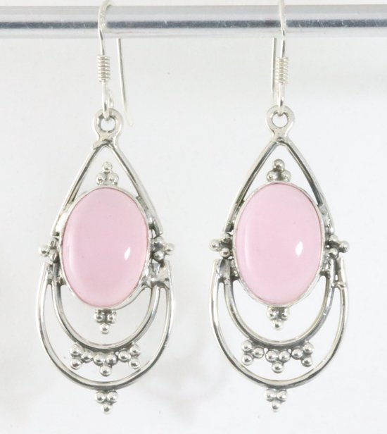 Lange opengewerkte zilveren oorbellen met rozenkwarts afbeelding 1