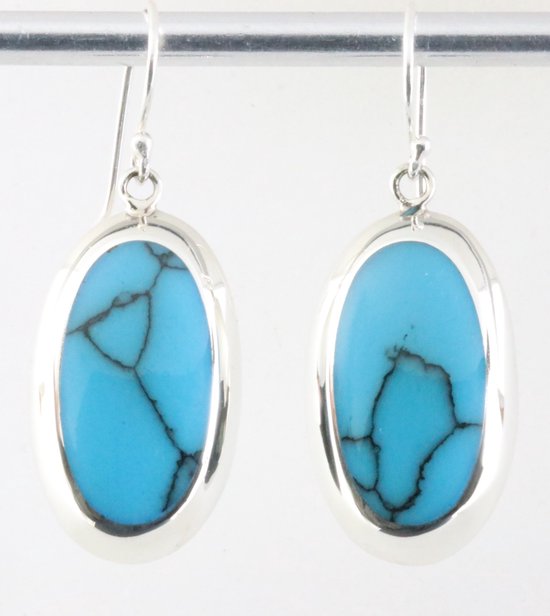 Ovale hoogglans zilveren oorbellen met blauwe turkoois afbeelding 1