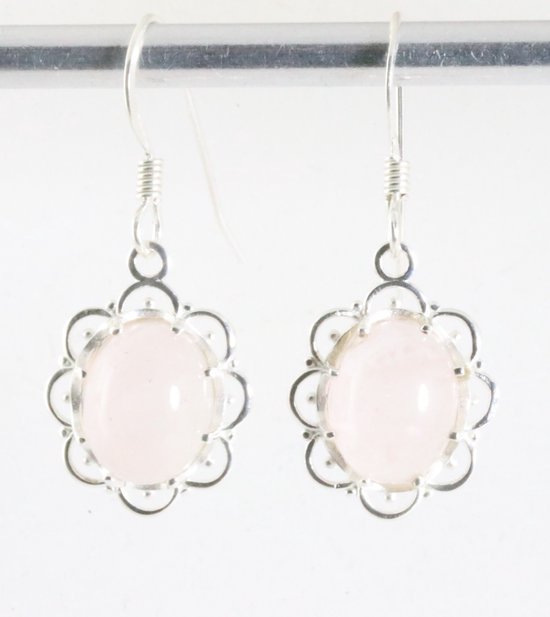 Fijne opengewerkte zilveren oorbellen met rozenkwarts afbeelding 1