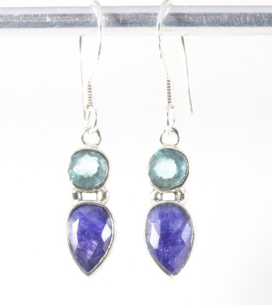 Fijne zilveren oorbellen met blauwe saffier en topaas afbeelding 1