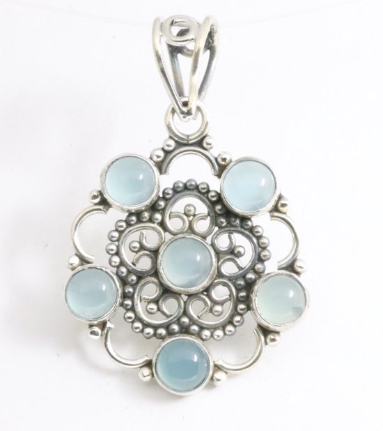 Opengewerkte zilveren hanger met blauwe chalcedoon afbeelding 5