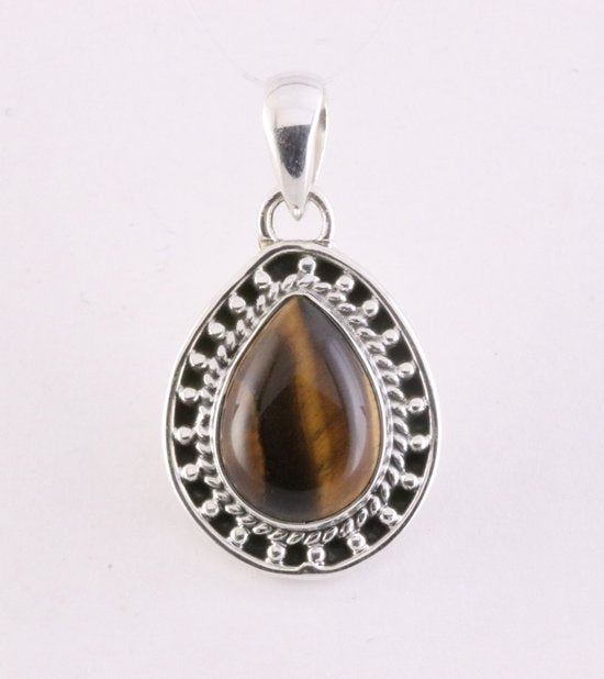 Bewerkte druppelvormige zilveren hanger met tijgeroog afbeelding 1