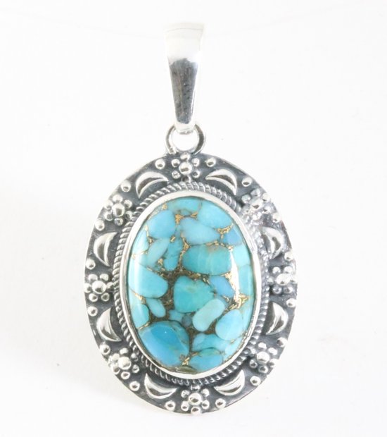 Bewerkte zilveren hanger met blauwe koperturkoois afbeelding 1