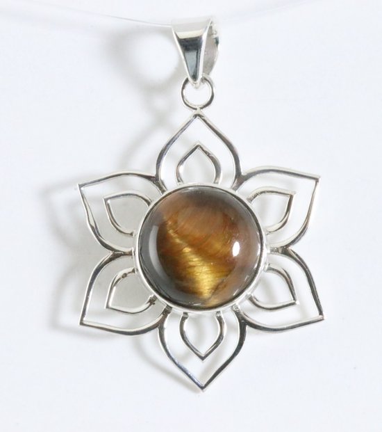 Opengewerkte bloemvormige zilveren hanger met tijgeroog afbeelding 1