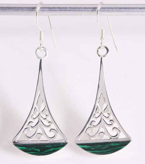 Lange opengewerkte zilveren oorbellen met malachiet afbeelding 1