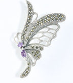 Opengewerkte zilveren vlinder broche met amethist en marcasiet afbeelding 1