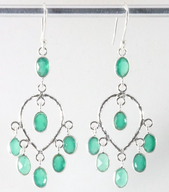 Lange zilveren oorbellen met groene chalcedoon afbeelding 1