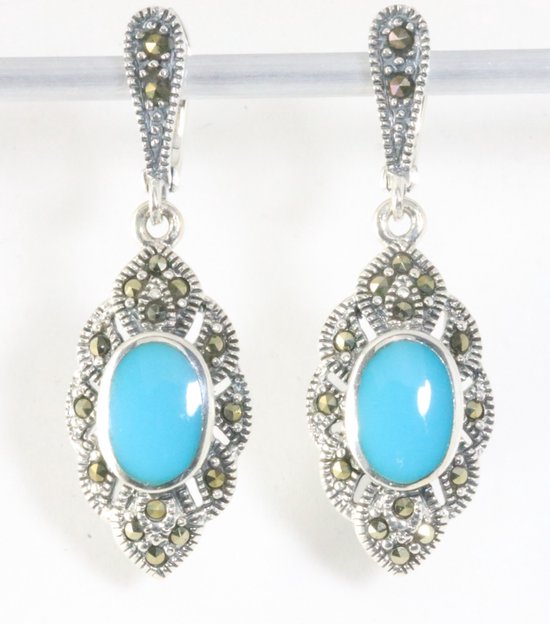 Zilveren oorstekers met blauwe turkoois en marcasiet afbeelding 1
