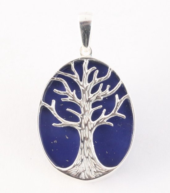 Ovale zilveren hanger met levensboom op lapis lazuli afbeelding 1