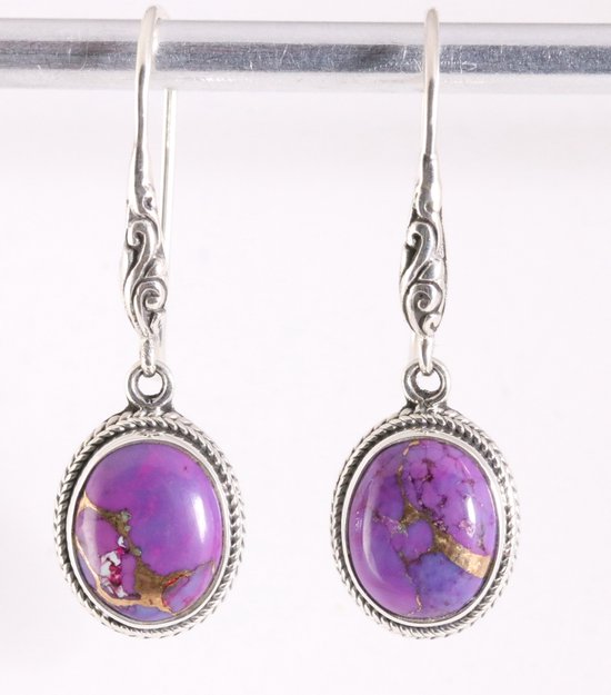 Bewerkte zilveren oorbellen met paarse koperturkoois afbeelding 1
