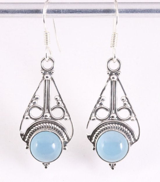 Opengewerkte zilveren oorbellen met blauwe chalcedoon afbeelding 1