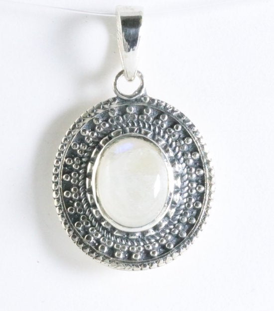 Bewerkte ovale zilveren hanger met regenboog maansteen afbeelding 1