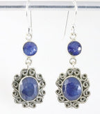 Lange bewerkte zilveren oorbellen met blauwe saffier afbeelding 1